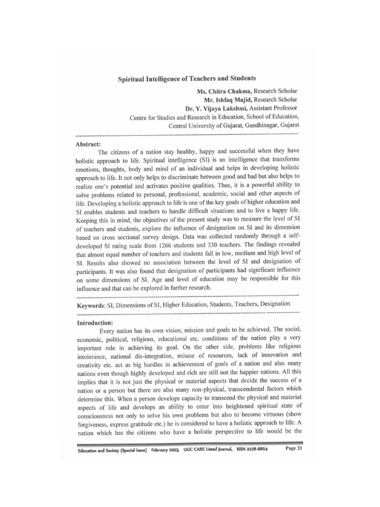 Spiritual Intelligence of Teachers and Students | PDF