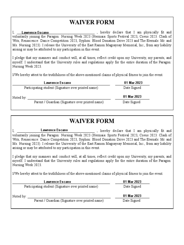 Lawrence escano s waiver form for participation in the paragon nursing