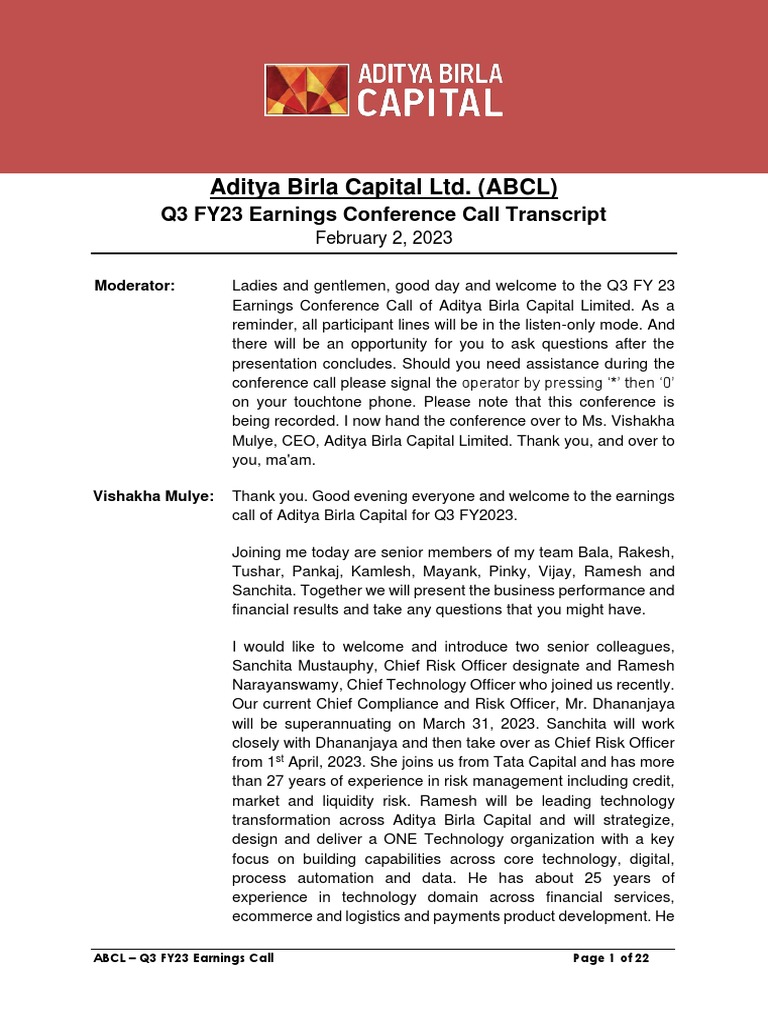 AB Capital Concall PDF Economic Growth Life Insurance