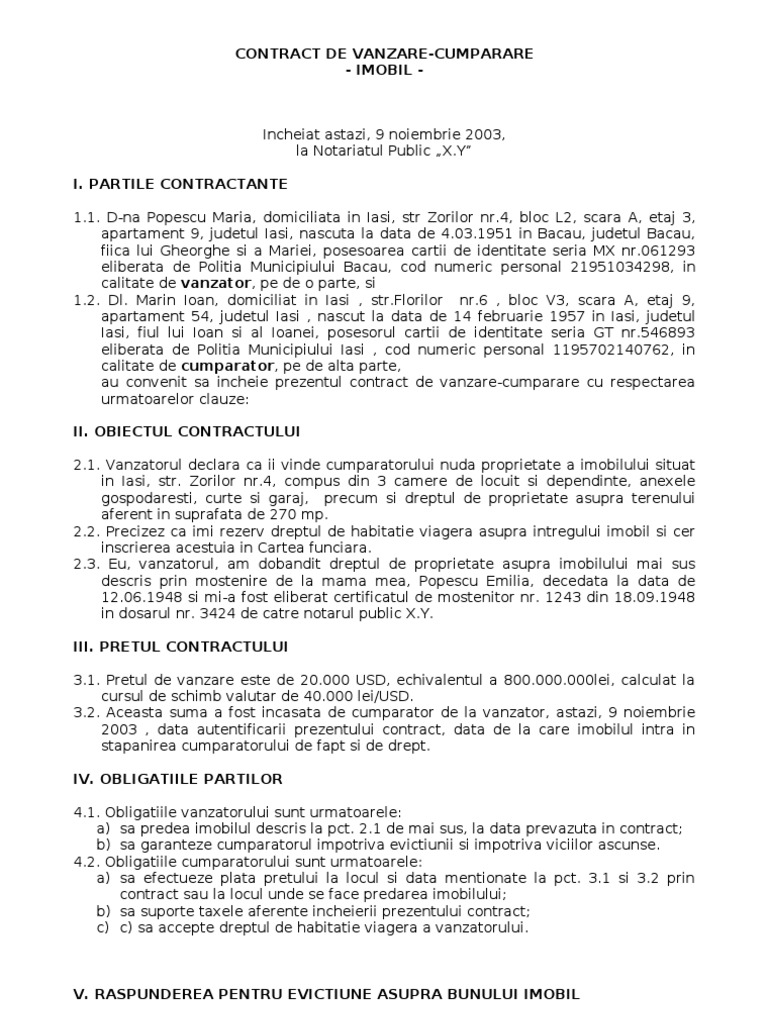 Contractul De Vanzare Cumparare Imobil