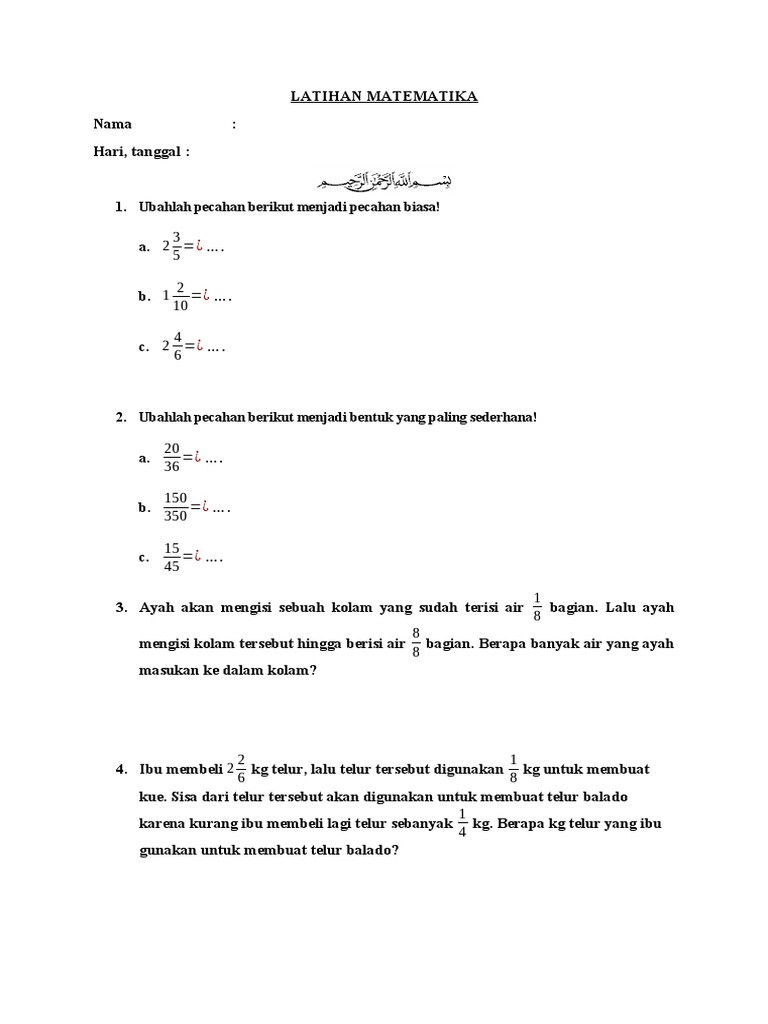 Latihan Matematika Penjumlahan Dan Pengurangan Pecahan Pdf