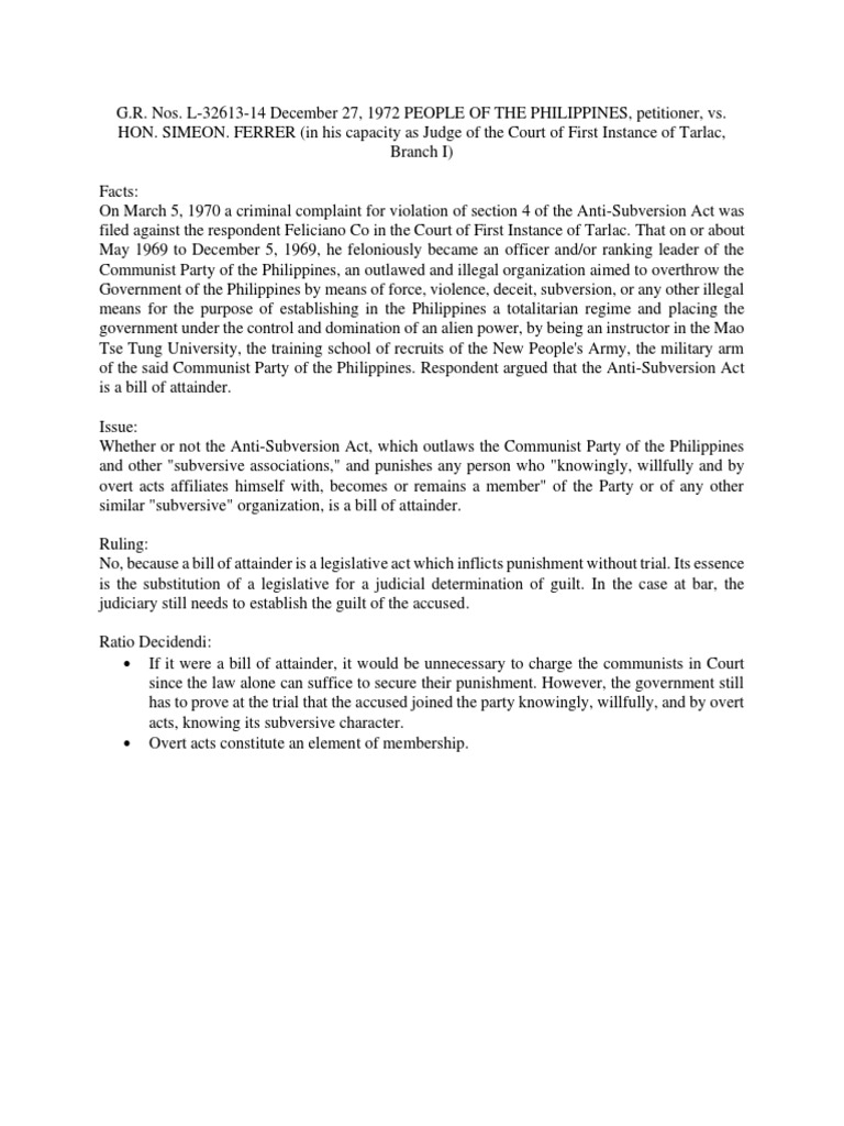 Anti-Subversion Act: Bill of Attainder Issue | PDF | Politics | Social ...