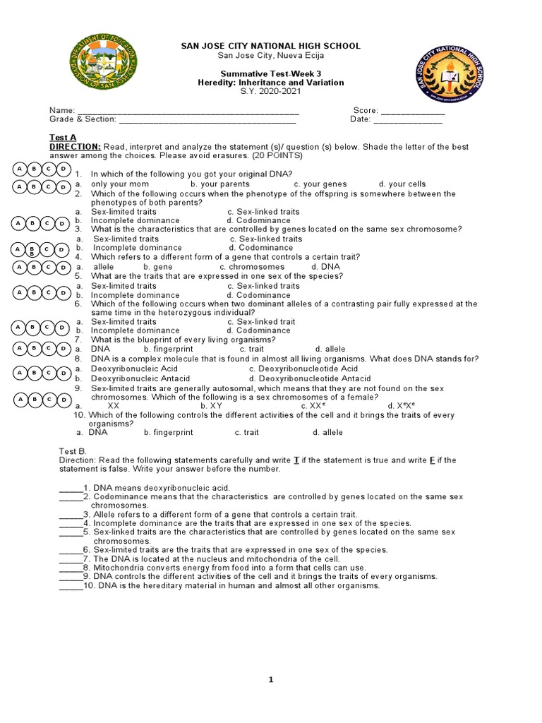 Grade 9 Science Summative Test Week 3 | PDF | Dominance (Genetics) | Gene