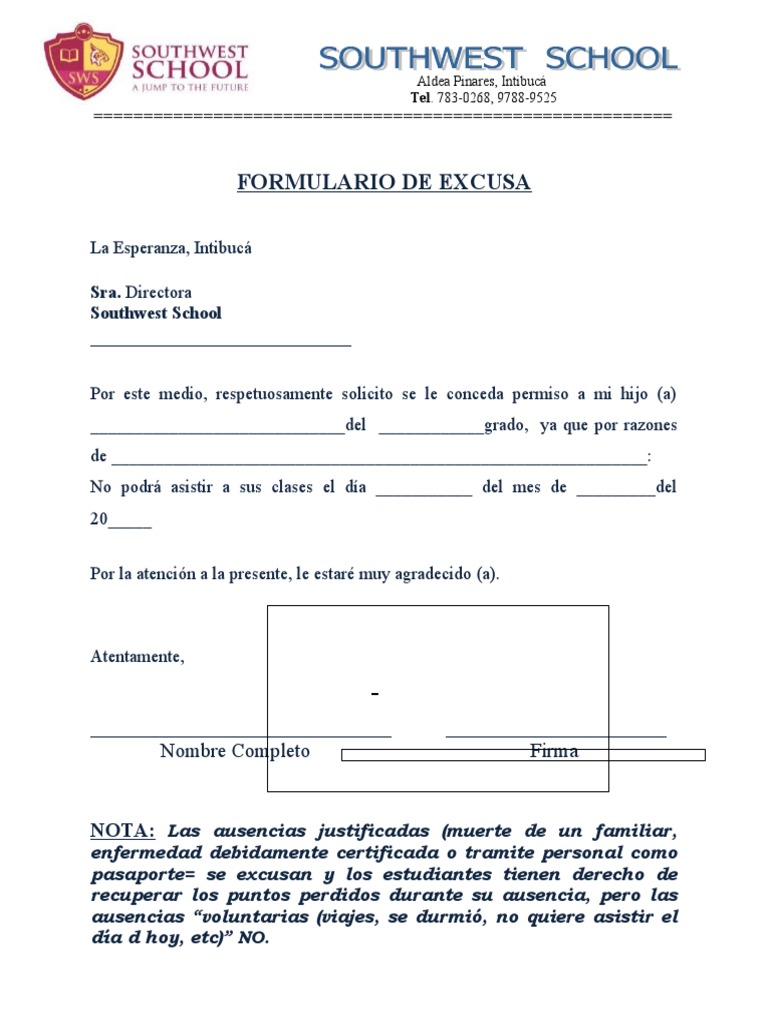Formato de excusa de estudiante PDF