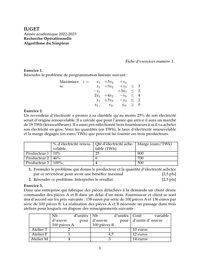 Exercices de Programmation Linéaire | PDF | Optimisation linéaire ...