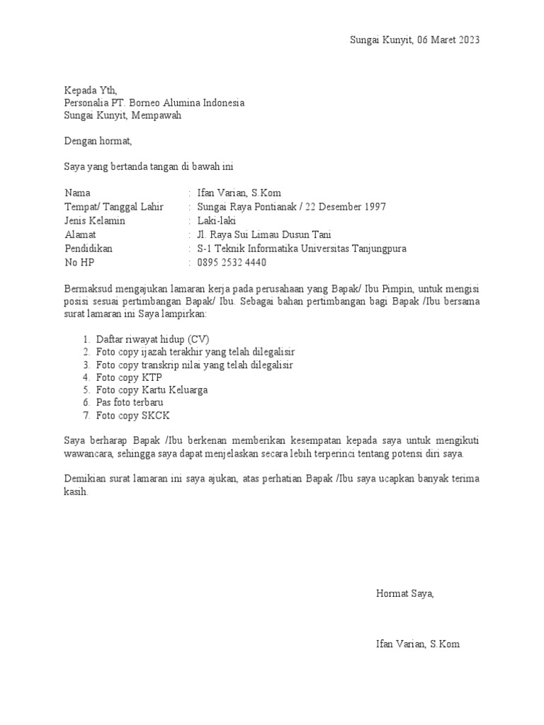 Surat Lamaran Kerja PT. BAI | PDF