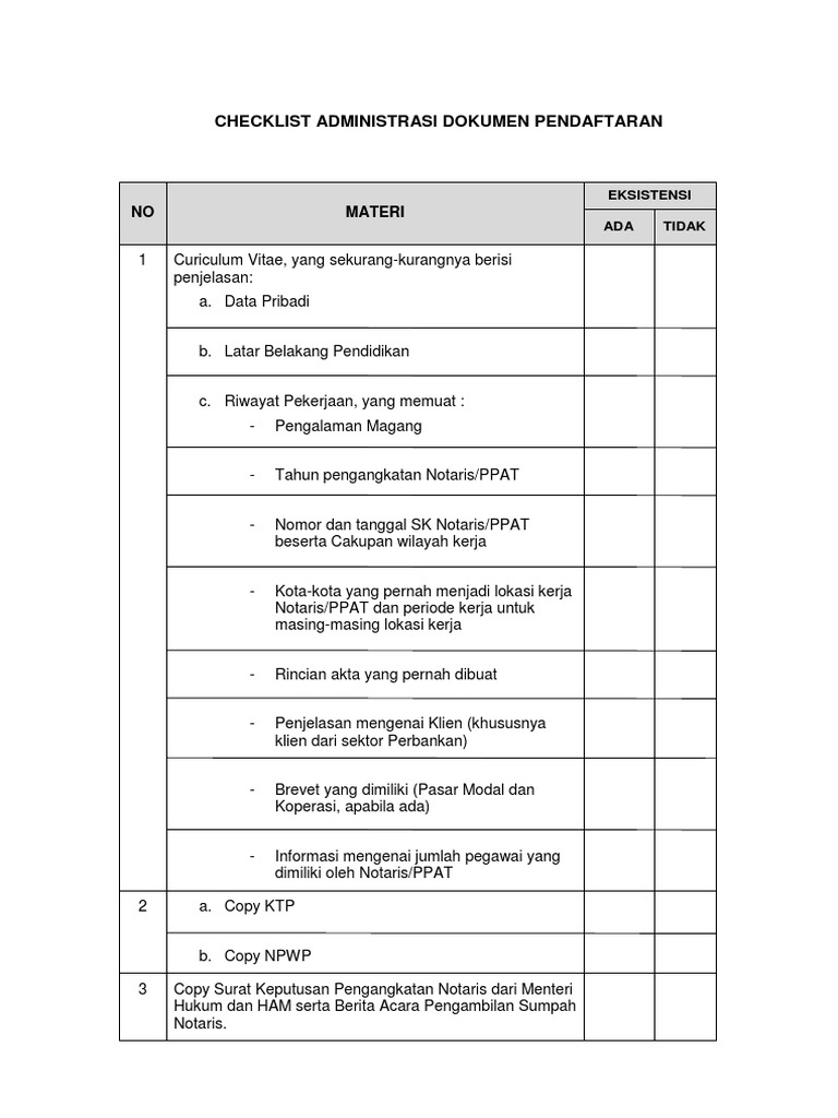 Admin Dokumen Pendaftaran - NOTARIS REKANAN BNI | PDF