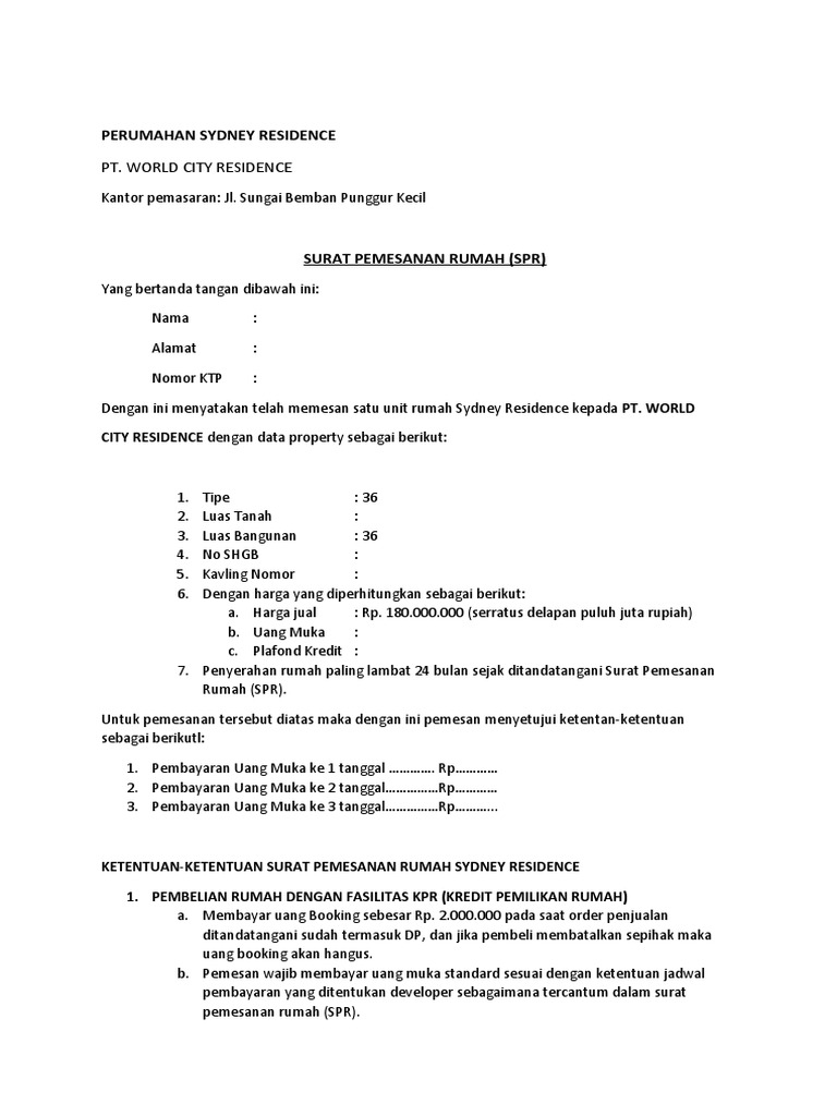 Ketentuan Surat Pemesanan Rumah SPR | PDF | Pengelolaan Keuangan & Uang ...