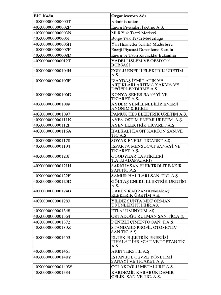 ENTSO E X Kodlari 03022023 | PDF