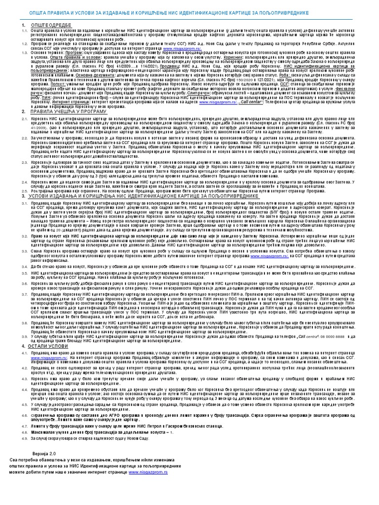 Pravila Koriscenja NIS Agro Kartice 2022 | PDF