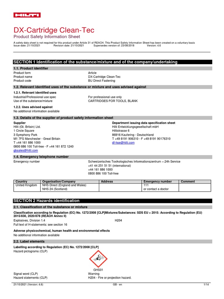 DX-Cartridge Clean-Tec Safety Info | PDF | Firefighting | Waste