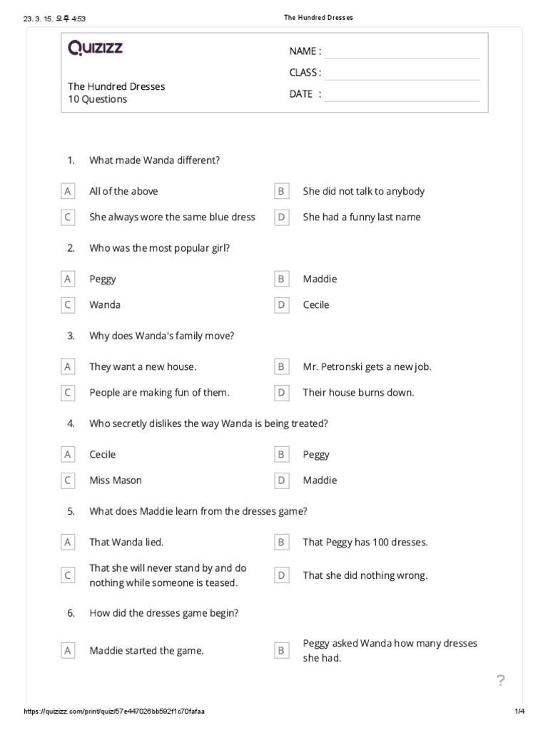 hundred dresses part 1 mcq online test