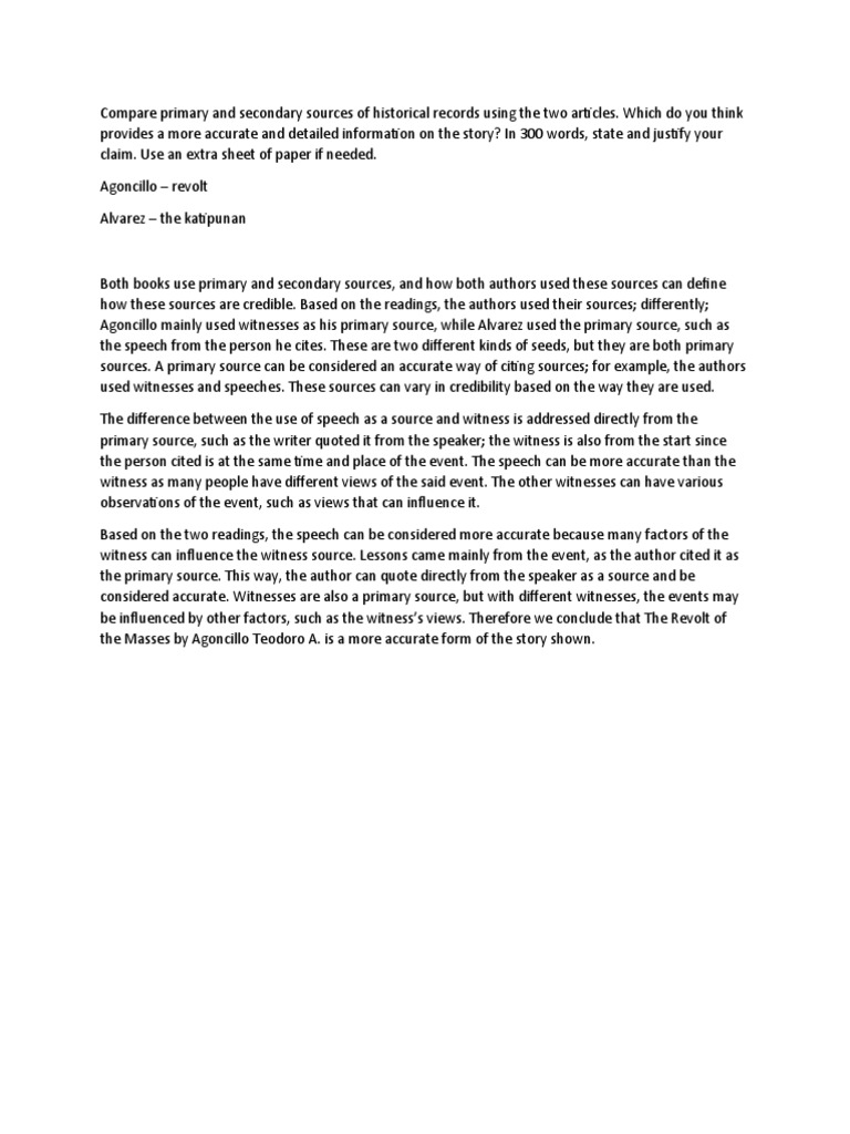 Compare primary and secondary sources of historical records using the