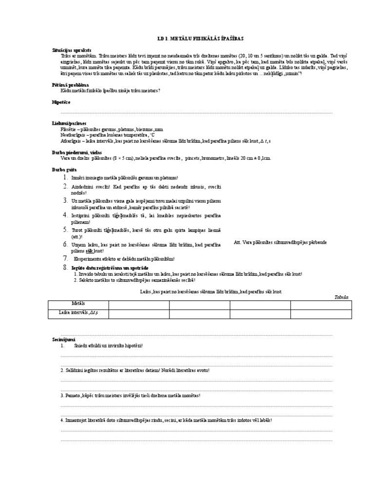 LD 1. Metālu Fizikālās Īpašības Situācijas Apraksts: Tabula | PDF