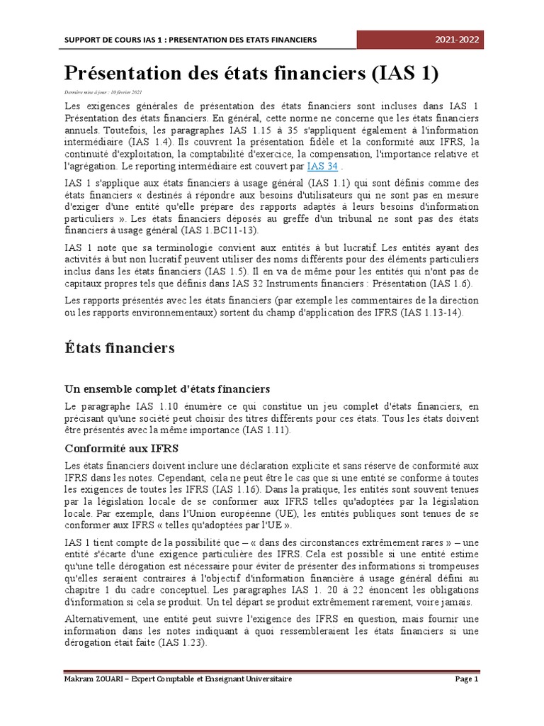 IAS 1 : Présentation des États Financiers | PDF | Normes ...
