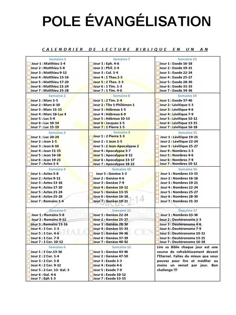 Calendrier de lecture biblique annuel | PDF | Bible chrétienne | Livres ...
