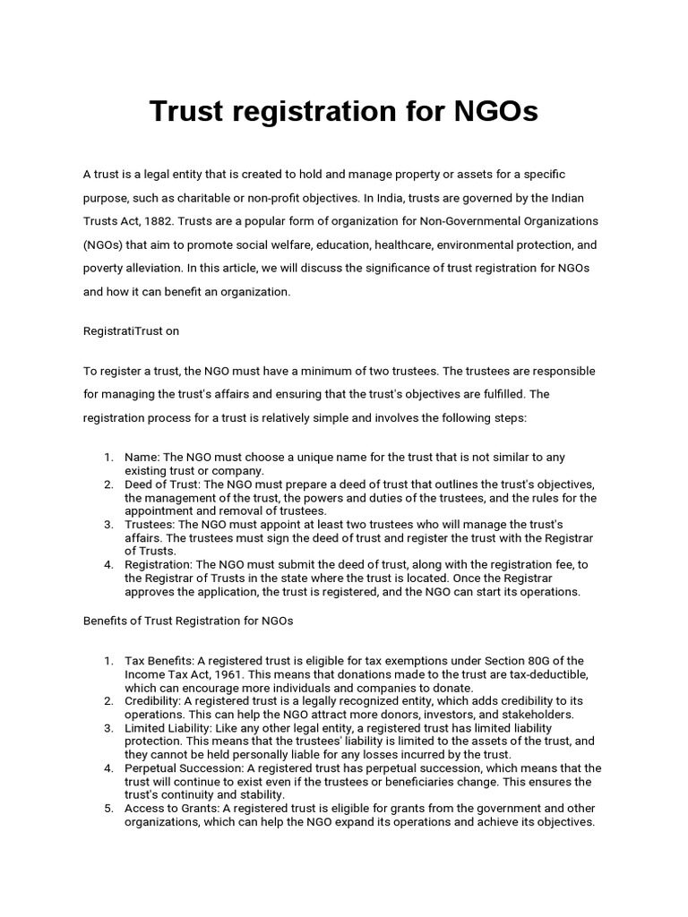 Trust Registration Benefits for NGOs | PDF | Trust Law | Non ...