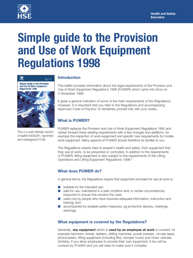 HSE Simple Guide To The Provision & Use of Work Equipment Regulations