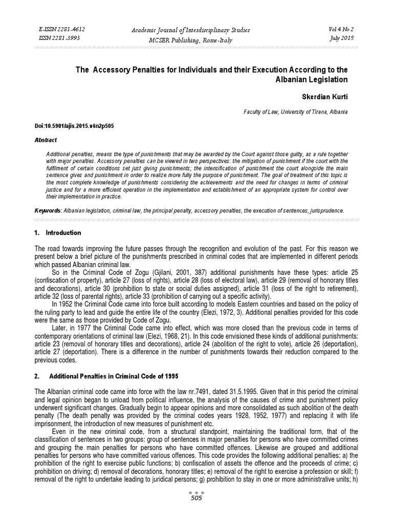 The Accessory Penalties For Individuals and Their Execution According To The Albanian
