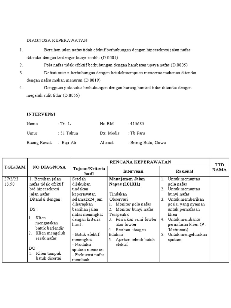 Diagnosa dan intervensi keperawatan tb paru pdf