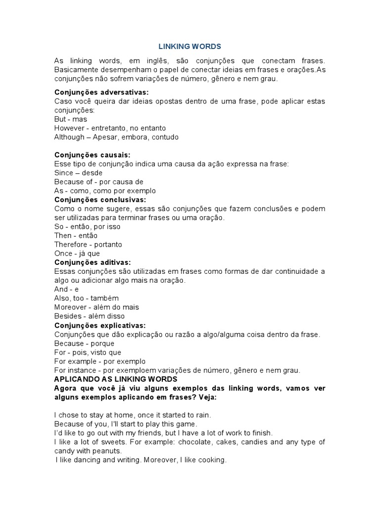 LINKING WORDS 7 Ano | PDF