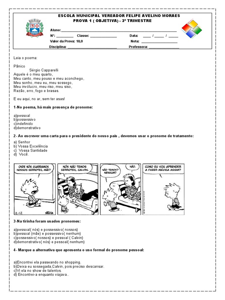 Prova de Pronomes Pessoais e Tratamento | PDF | Artes Linguísticas e ...