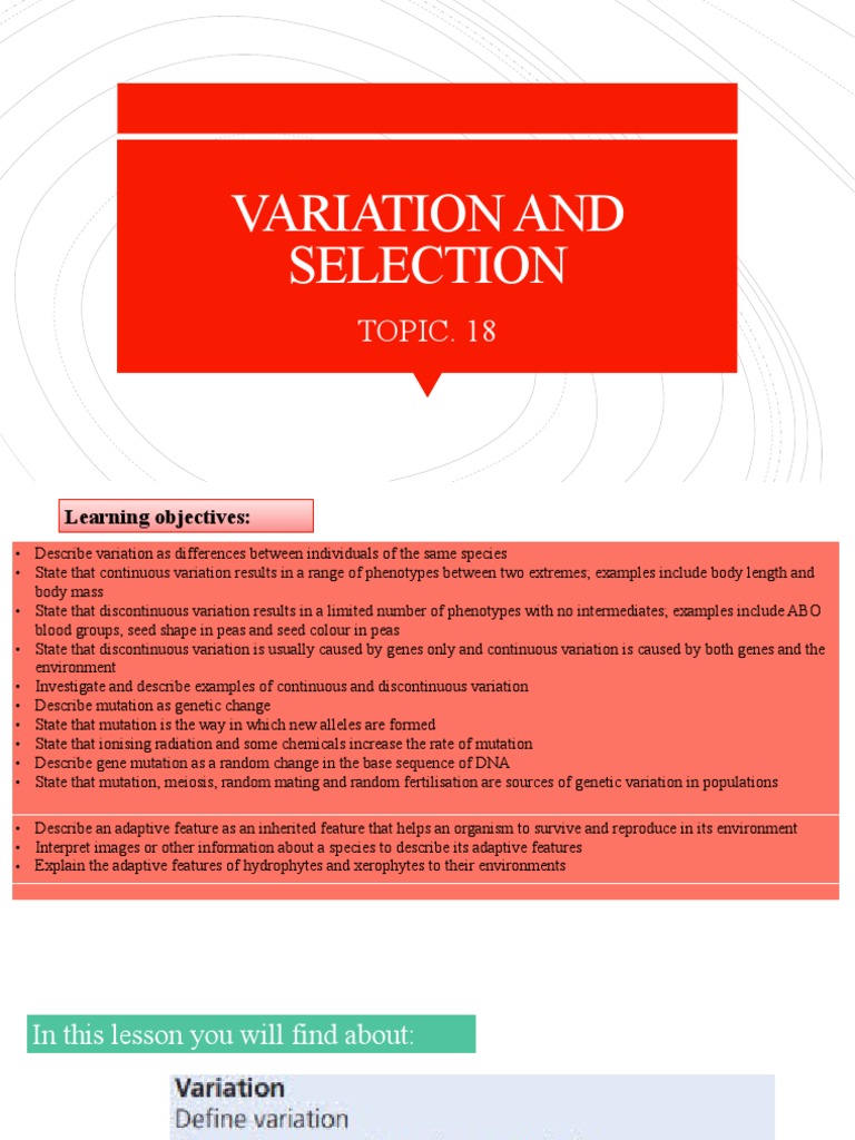 Variation and Selection: TOPIC. 18 | PDF | Mutation | Genetic Variation