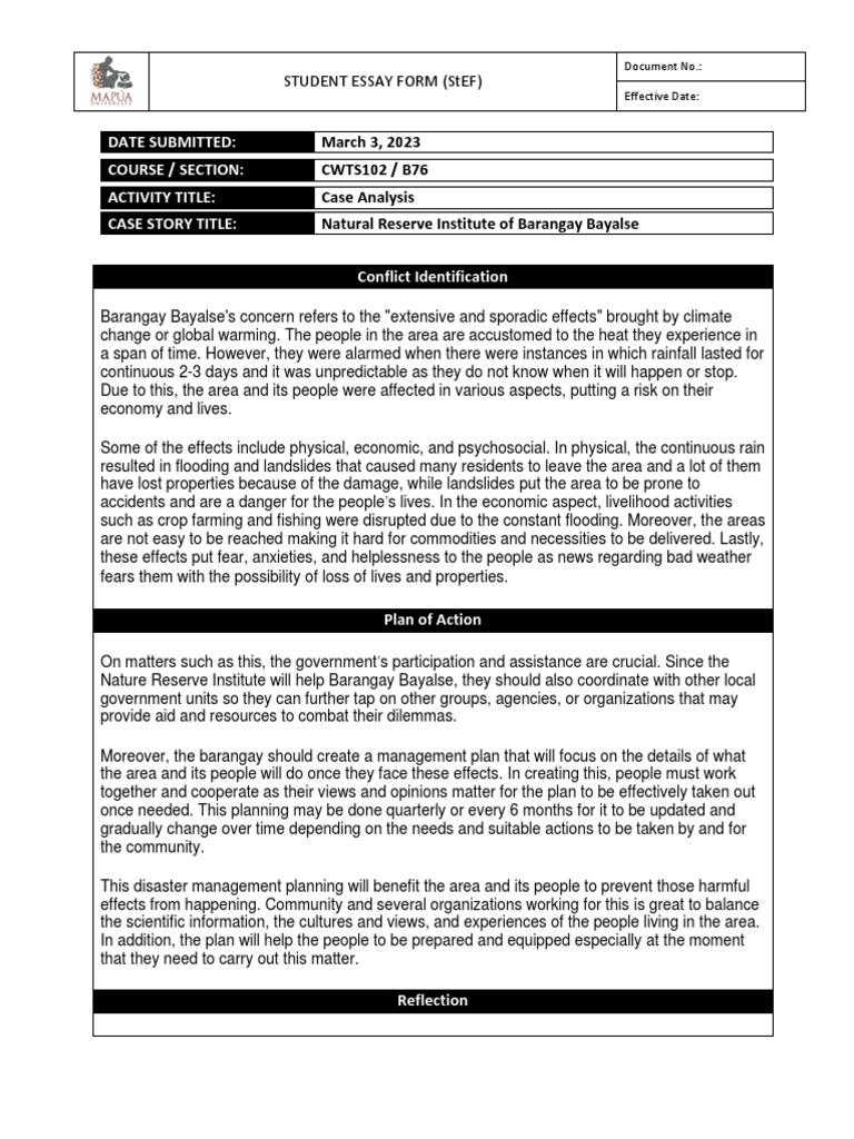 Case Analysis Essay Natural Reserve Institute of Barangay Bayalse PDF