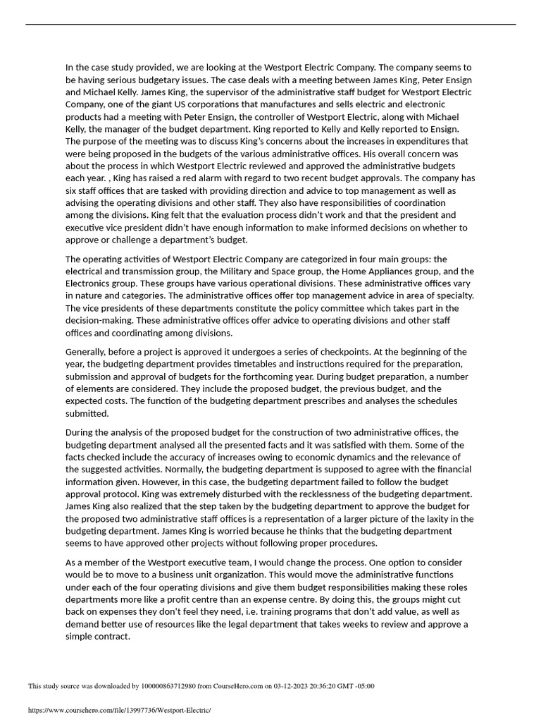 Westport Electric PDF Budget Return On Investment