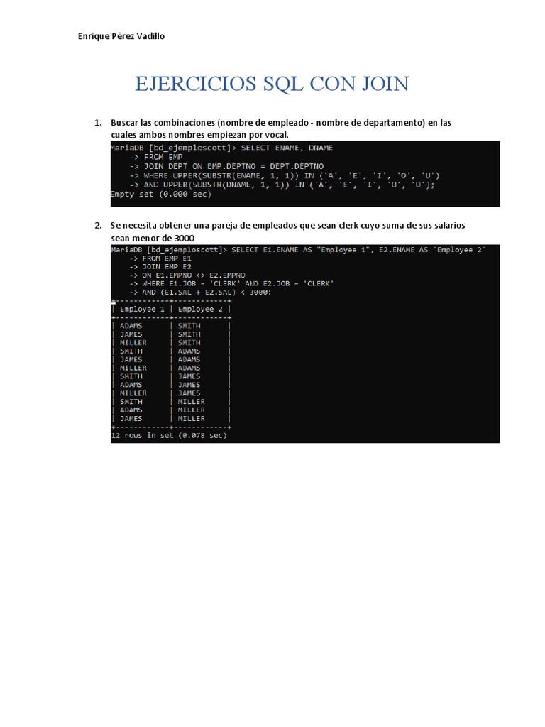 EJERCICIOS SQL CON JOIN - Enrique | PDF