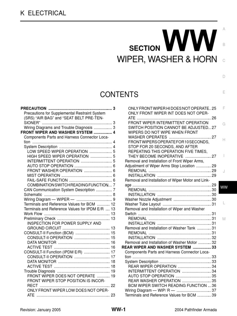 Vehicle Electrical Systems Manual Section on Wiper, Washer, and Horn