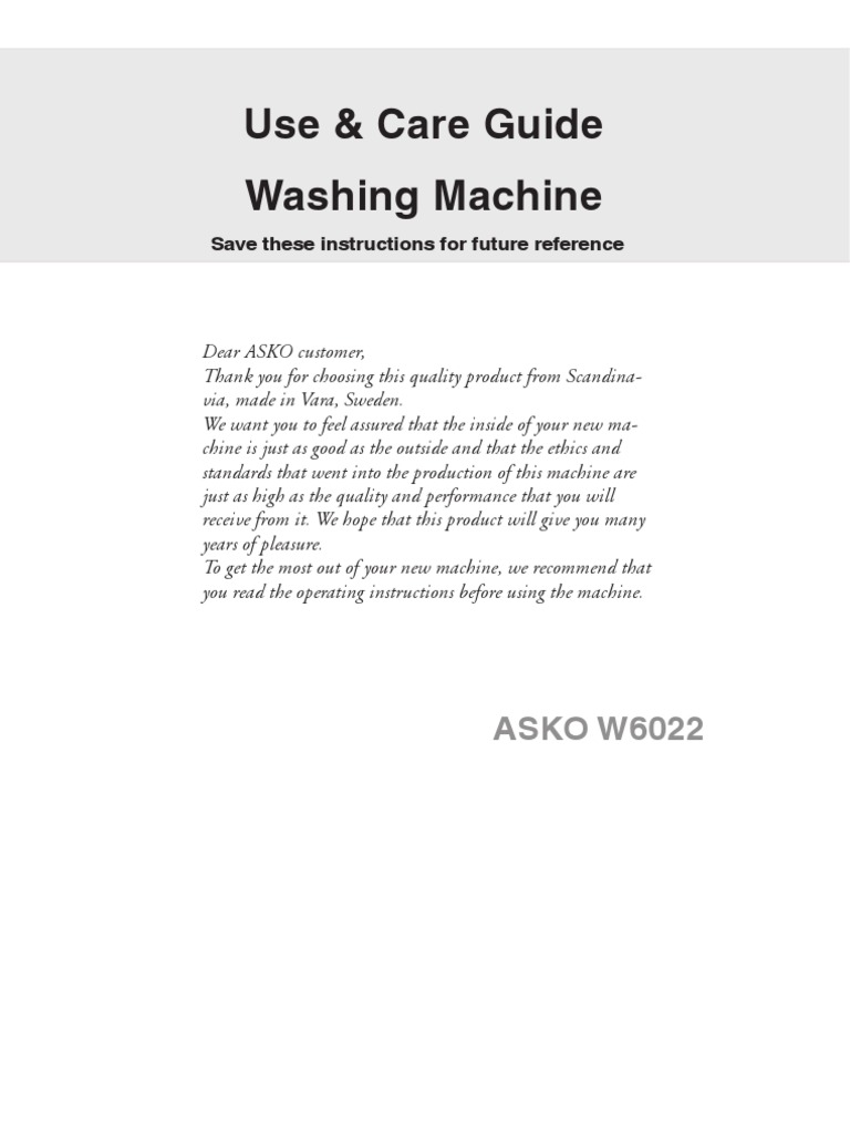 Use & Care Guide Washing Machine ASKO W6022 PDF Washing Machine