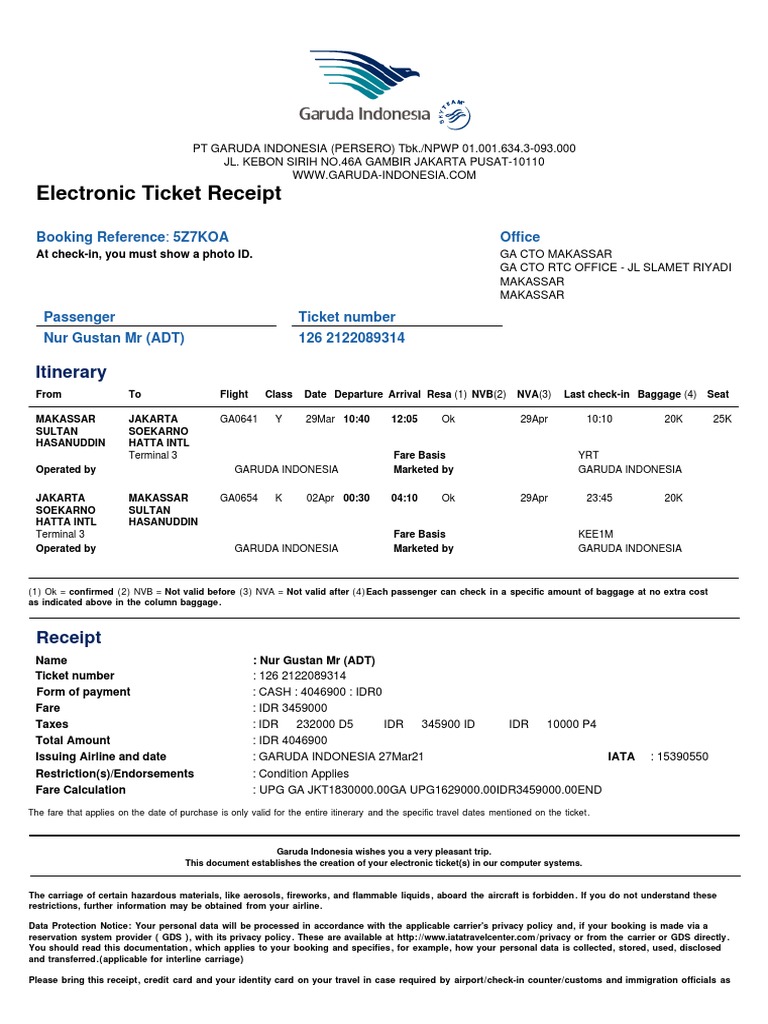 Garuda Indonesia Electronic Ticket Receipt | PDF | Aviation | Transport