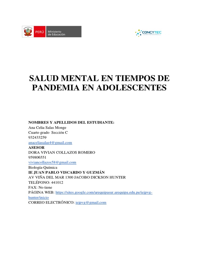 Salud Mental en Tiempos de Pandemia en Adolescentes | PDF | Estrés ...