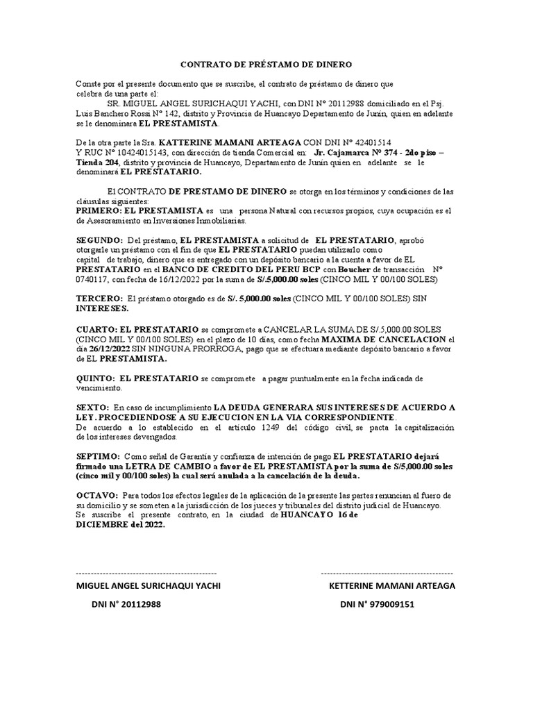 Contrato de Préstamo de Dinero Modelo | PDF | Crédito | Finanzas y ...