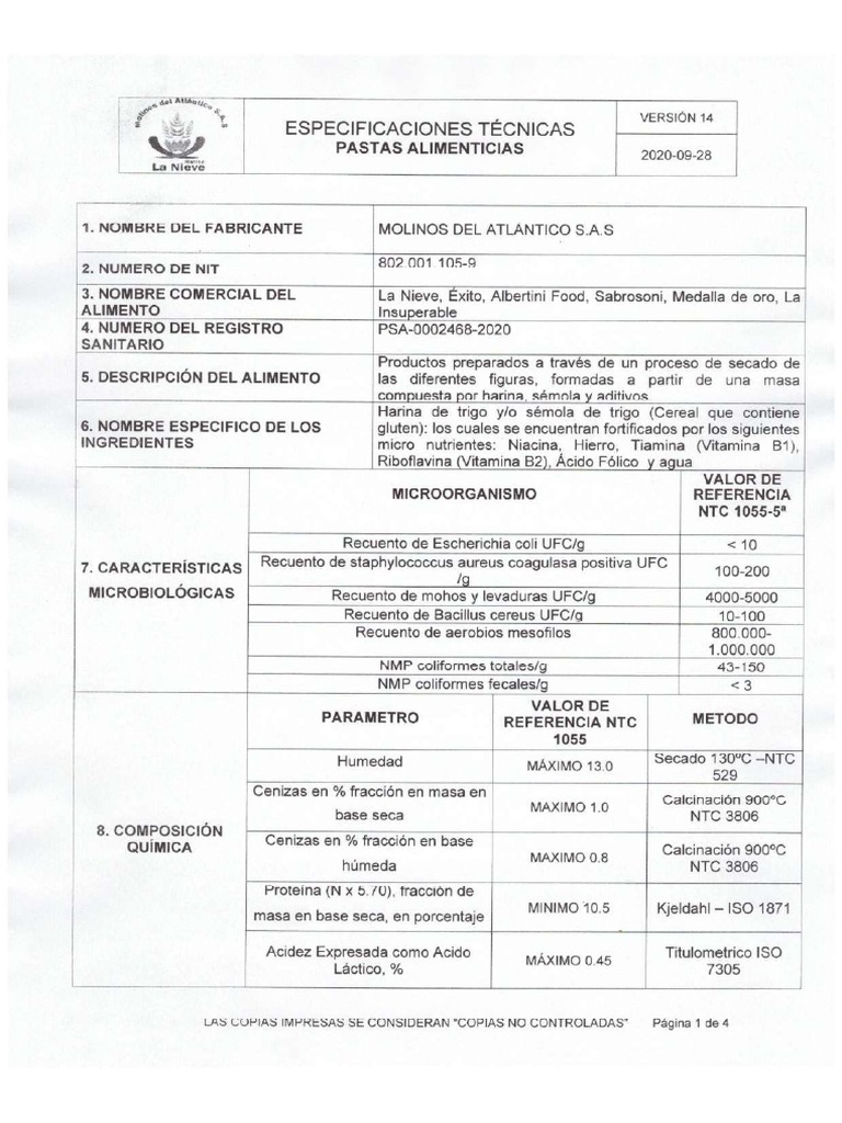 Ficha Tecnica Pastas PDF