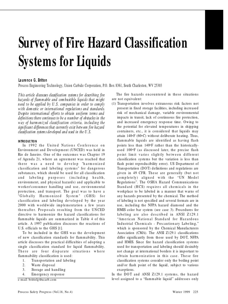 Survey of Fire Hazard Classification Systems for Liquids Analyzing