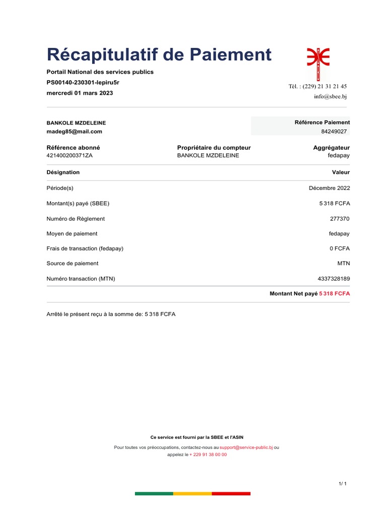 R capitulatif De Paiement Portail National Des Services Publics 