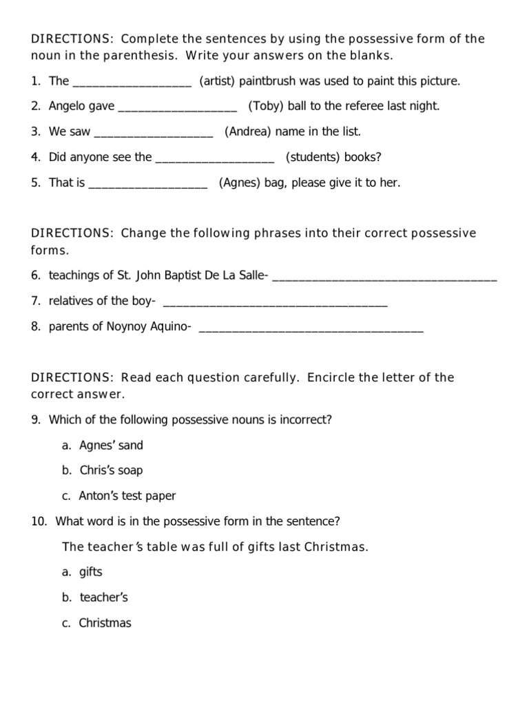 possessive nouns pdf