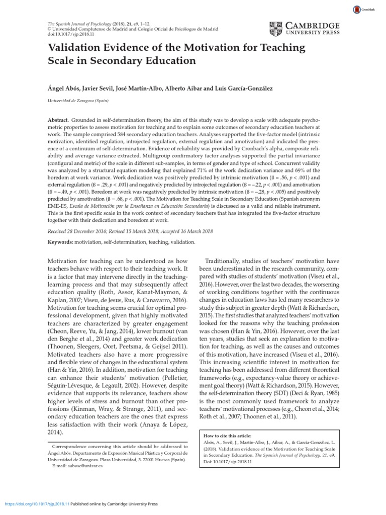 Validation Evidence of The Motivation For Teaching Scale in Secondary ...