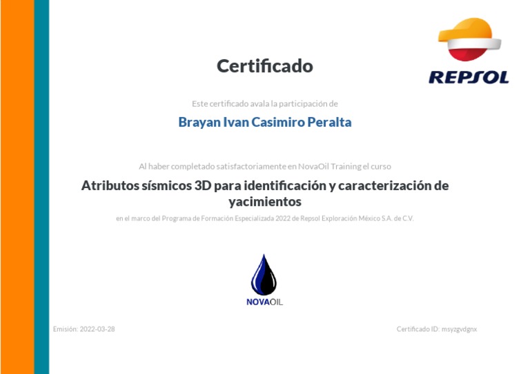 Certificado Atributos Sísmicos 3D REPSOL | PDF