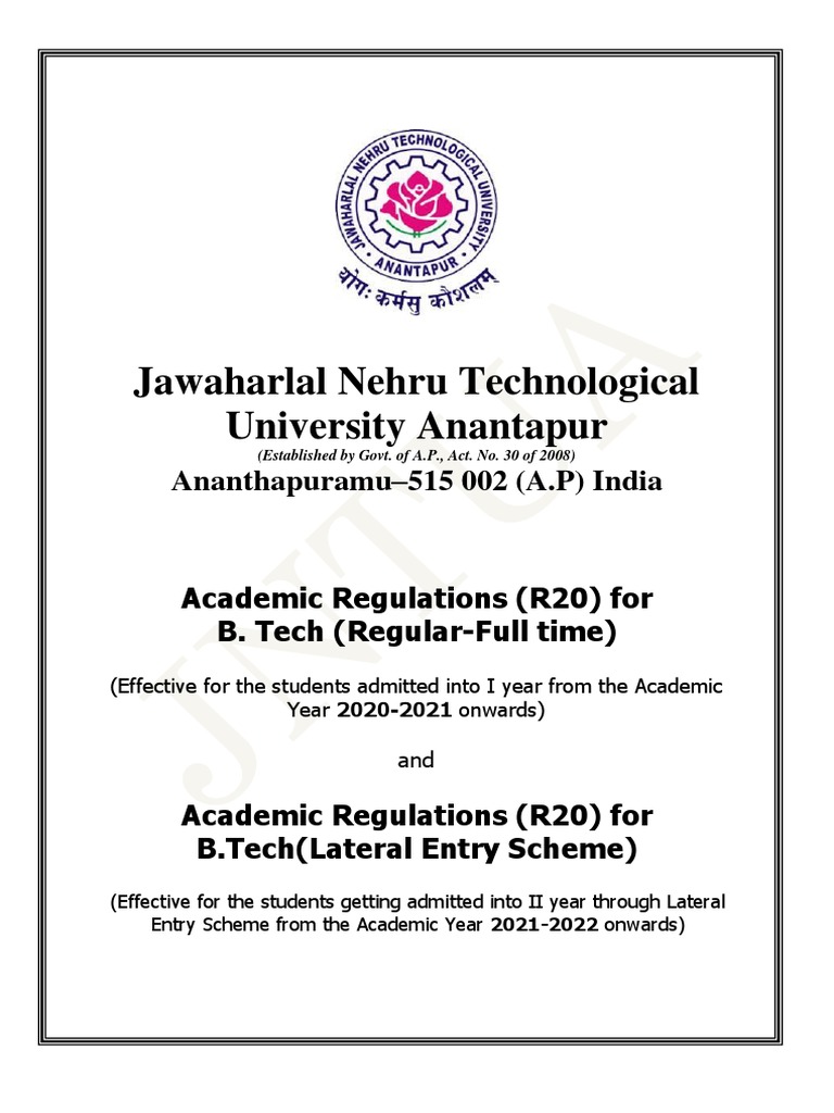 JNTUA B.Tech R20 Academic Regulations Update | PDF | Academic Degree ...