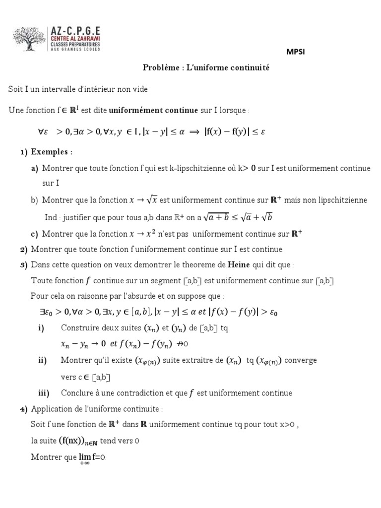 Théorème de Heine et continuité uniforme PDF Méthodes et références — free download