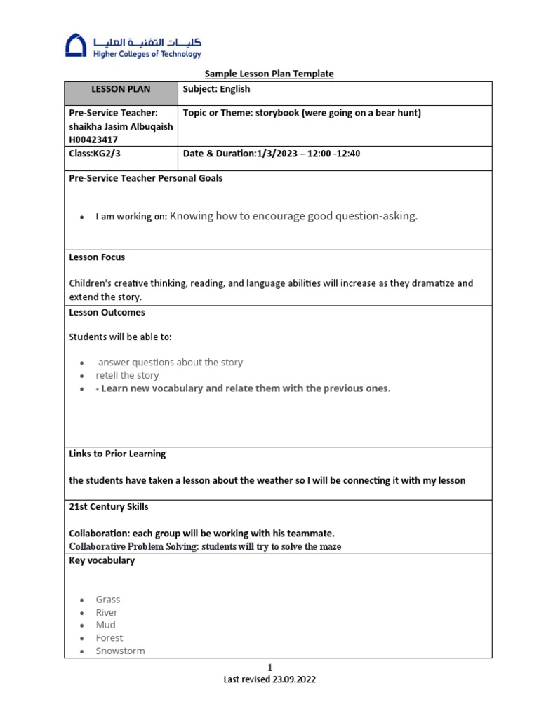 Bear Hunt Lesson Plan for KG2/3 | PDF | Lesson Plan | Learning