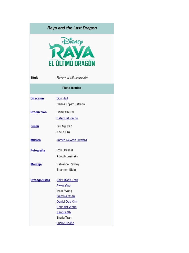 Raya y el Último Dragón: Ficha Técnica | PDF
