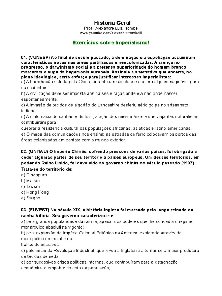 Exercícios sobre Imperialismo para 8º e 9º Ano | PDF | Imperialismo | China