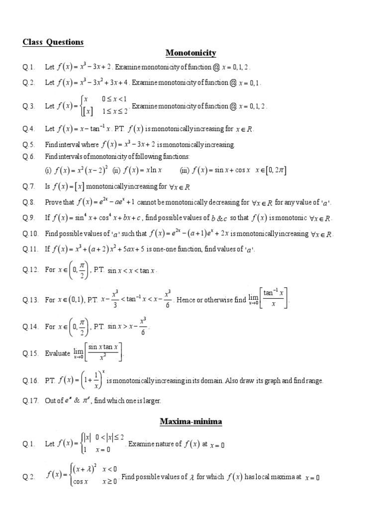 Class questions monotonicity pdf tangent maxima and minima