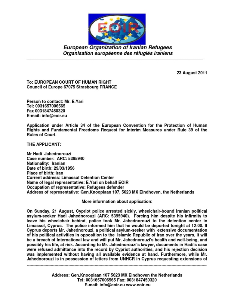 EOIR-Letter To EUCtHR T8-23-2011hadi's Deportstion | PDF | Refugee | Cyprus