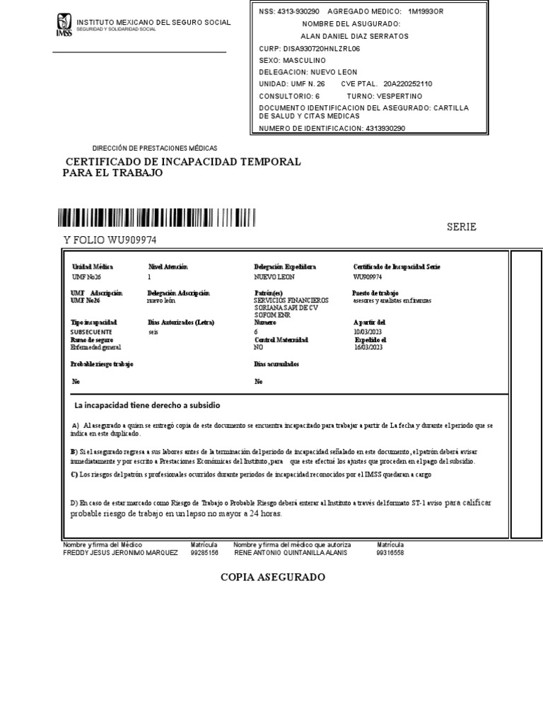 Certificado de Incapacidad Temporal IMSS | PDF