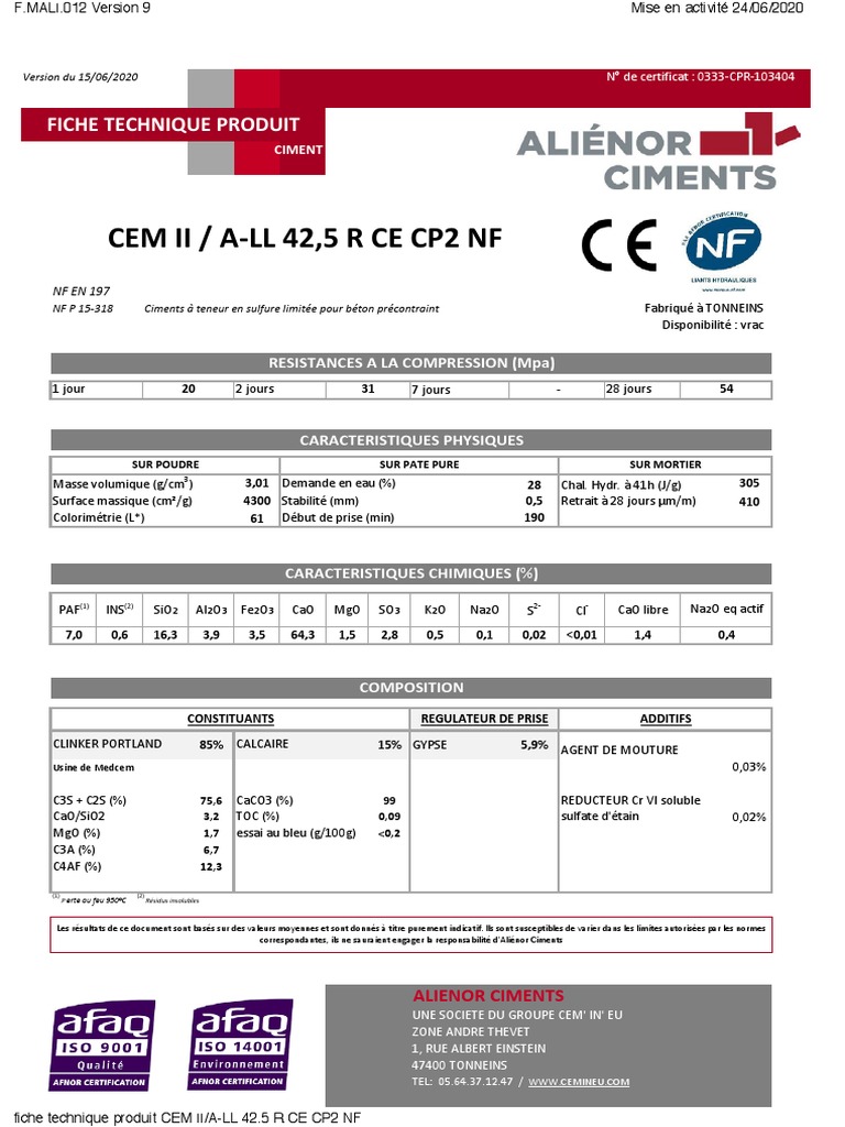 Cem Ii / A-Ll 42,5 R Ce Cp2 NF: Fiche Technique Produit | PDF | Ciment ...